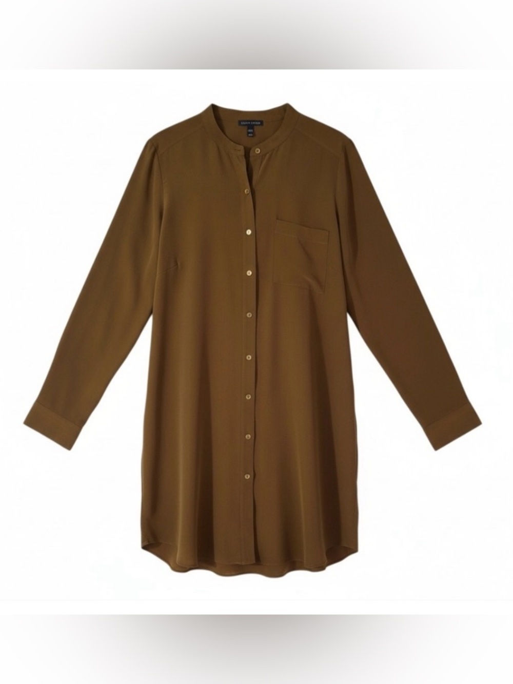Eileen Fisher Olive Brown Long-Sleeve  Silk Tunic Shirt